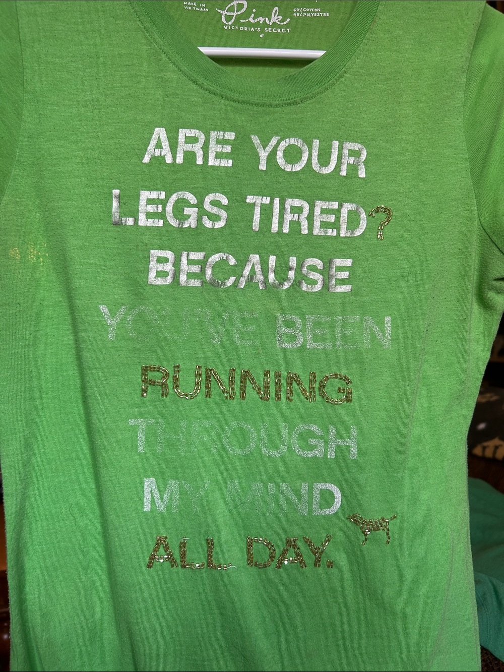 PINK Victoria's Secret Bright Green Graphic Tee with Metallic Text